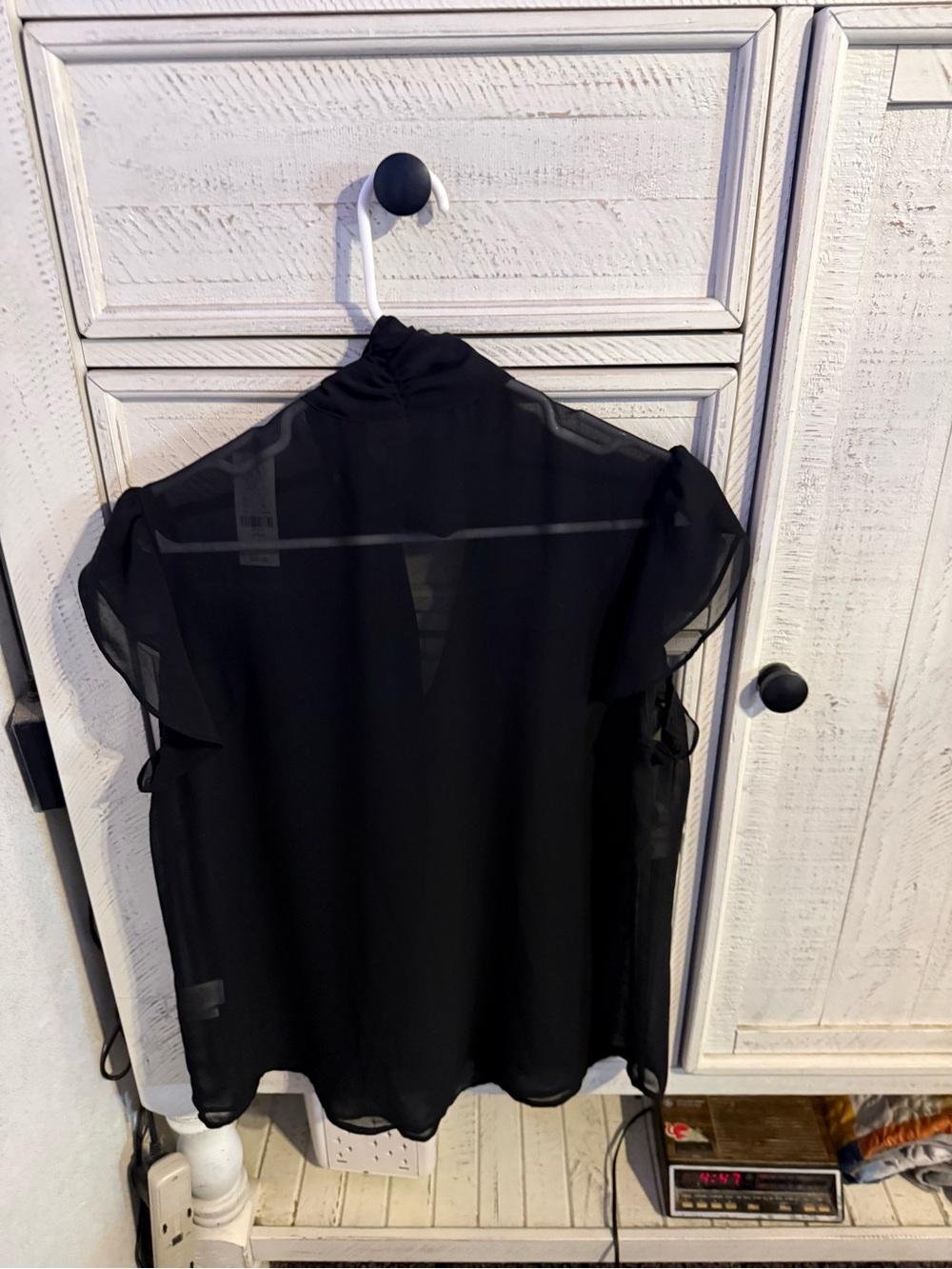 New York & Company Black Sheer Flutter-Sleeve Blouse